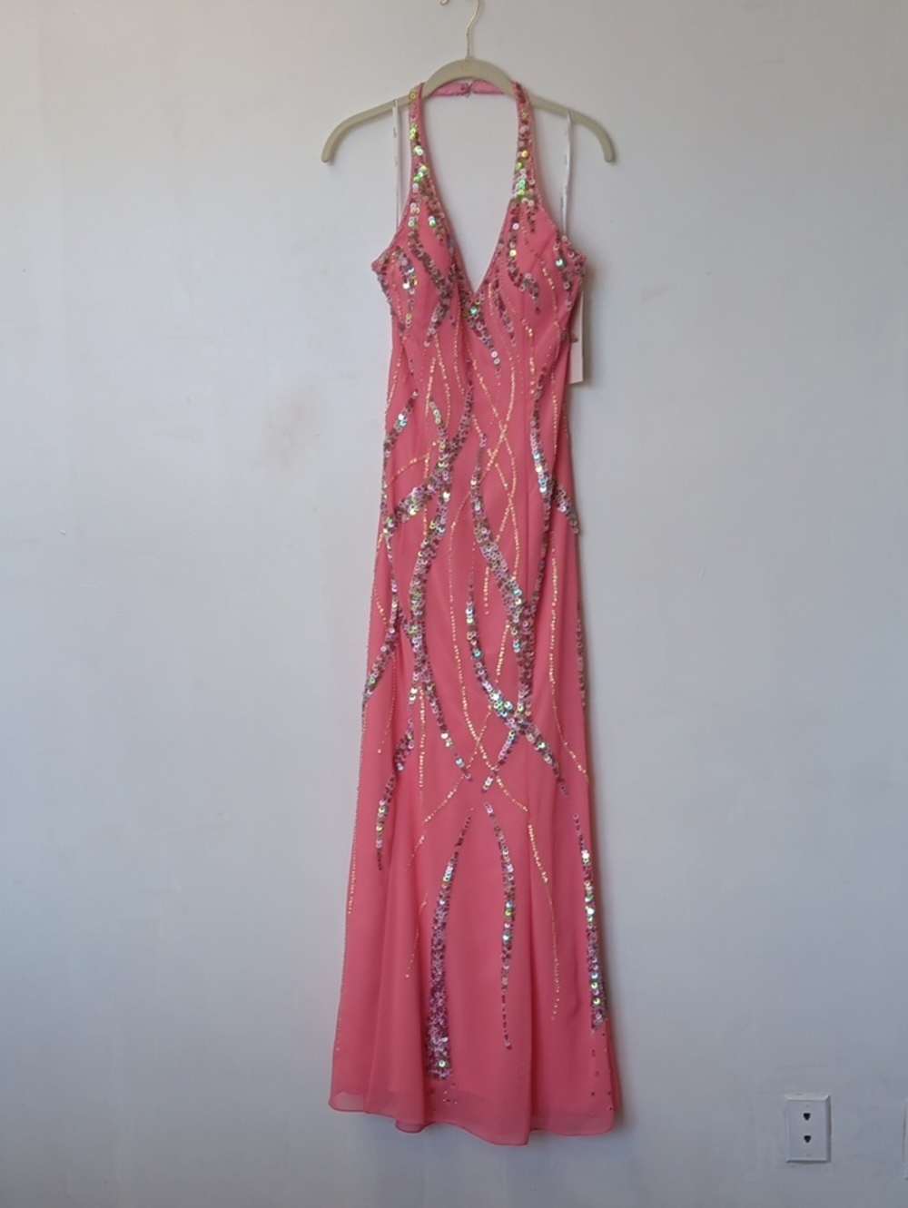 Vintage Sequined Halter Watermellon Color Maxi Dress